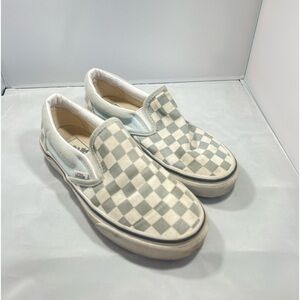 vans,kids checkerboard, light blue/gray and white, no laces, slip on